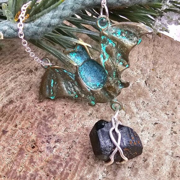 Flying Bat Nature Black Tourmaline Raw Stone Pendant Necklace - Picture 9 of 10